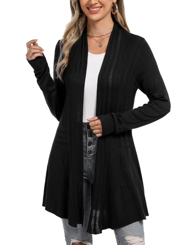 iClosam Light Weight Cardgan Women Open Front Draped Cardigan Long Sleeve Crochet Cardigan Black - Image 3